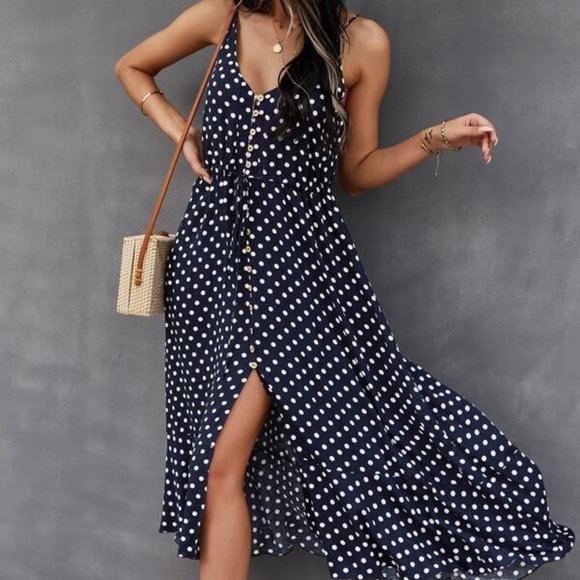 Dresses & Skirts - Button down Drawstring Waist Polka Dot Cami Dress